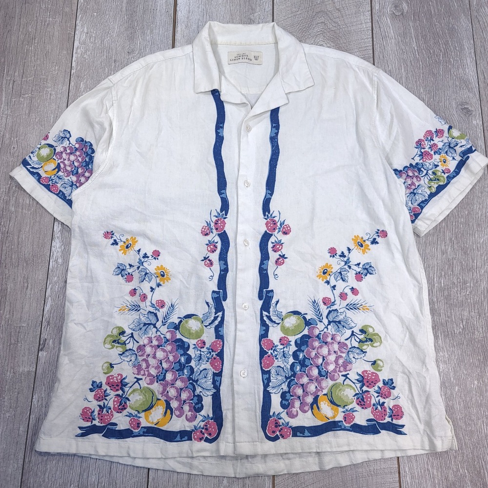 Abercrombie & Fitch Button Up Shirt Mens XLT Summer Linen Blend Fruit Floral